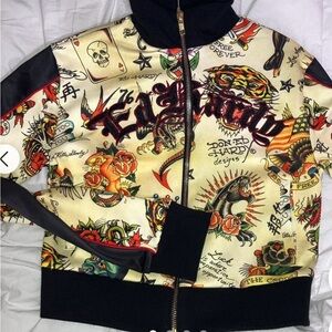 Ed Hardy Women's Tattoo Print Bomber Jacket - Cream and Black